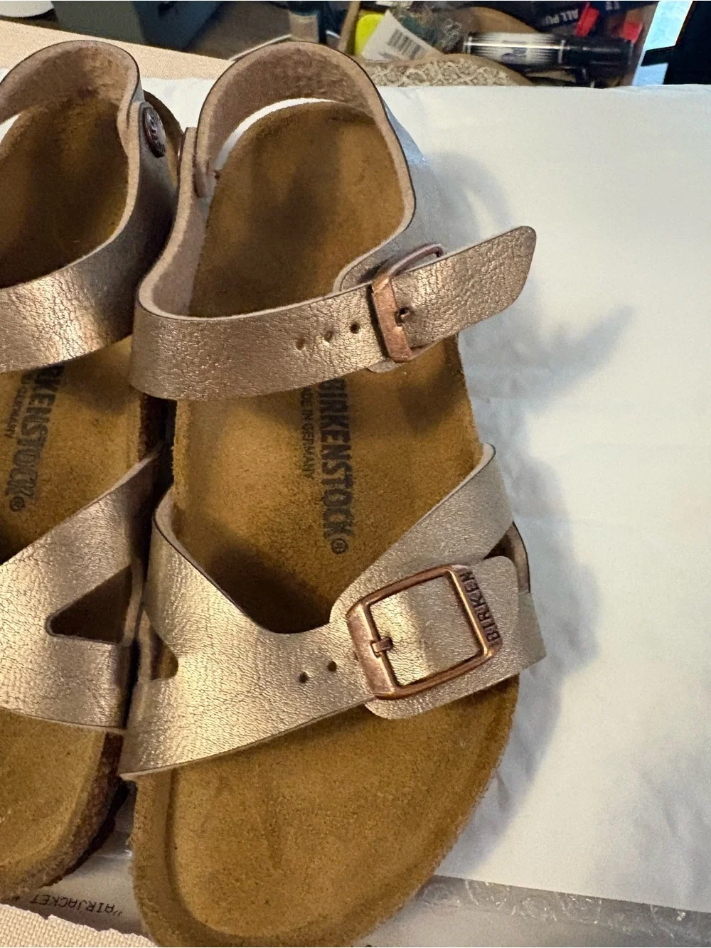 Birkenstock Kids Metallic Rose Gold Two-Strap Buckle Sandals